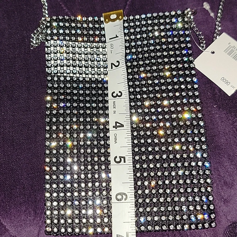 Crossbody Rhinestone Phone Satchel w/ Silver Tone Chain Strap - Picture 4 of 8